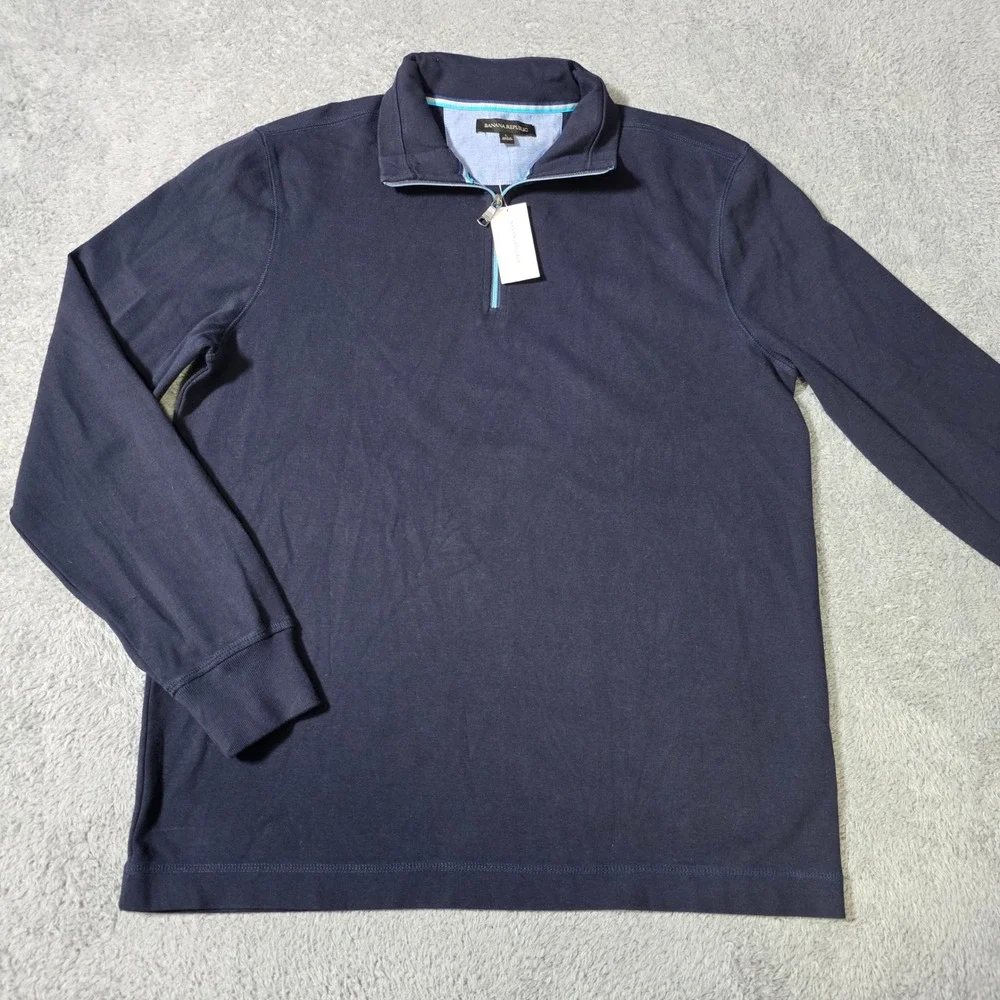 Banana Republic Mens L Quarter Zip Pullover Navy Blue Cotton Blend 932607-00-1